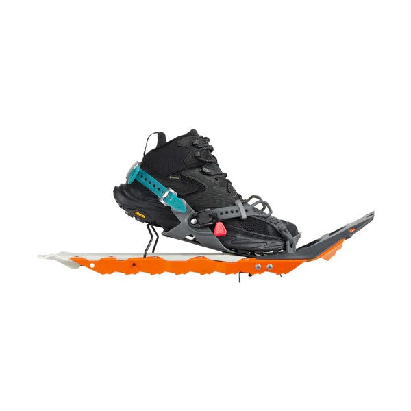 Side view of a pair of orange/white MSR Revo Explore snowshoes