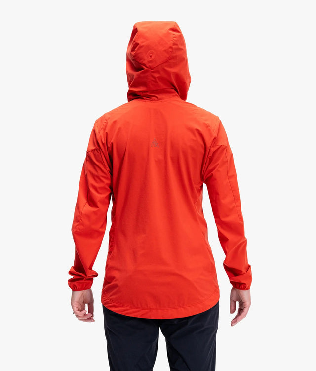 Back on-model view with hood up of women's orange 7mesh Northwoods jacket
