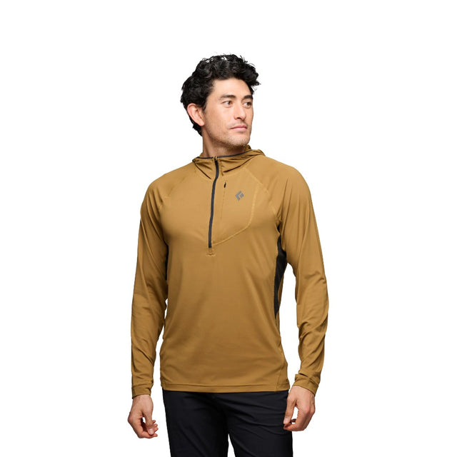 Front on-model view of men's Black Diamond Alpenglow Pro Hoody in Flax colour
