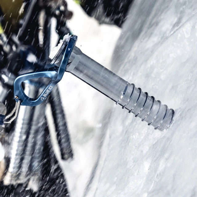 Lifestyle photo of the Blue Ice Aero Lite Ice Screw in blue colour