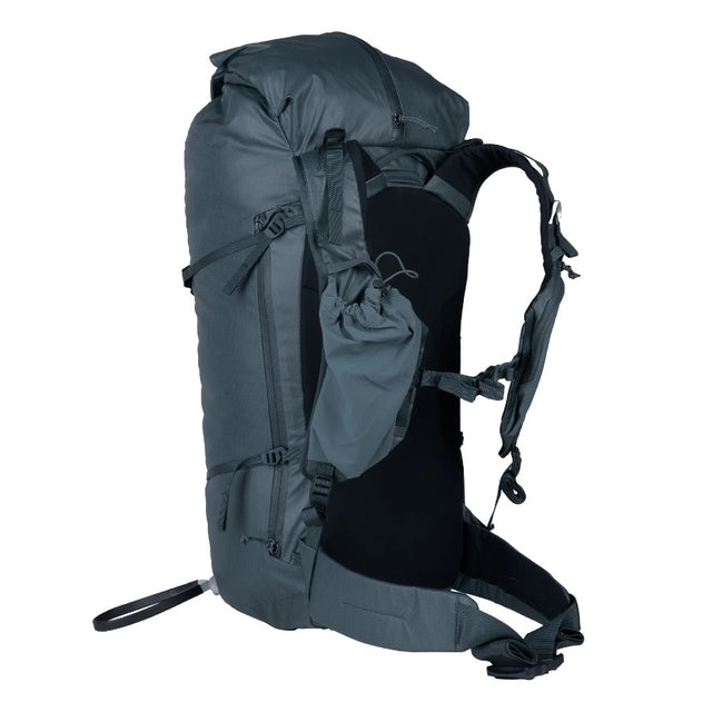 Back view of Blue Ice Firecrest 38 skiing and hiking back pack in Dark Slate colour