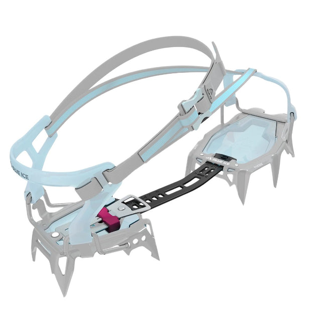View of strap-on binding of the Blue Ice Griffin 12 Universal Crampons