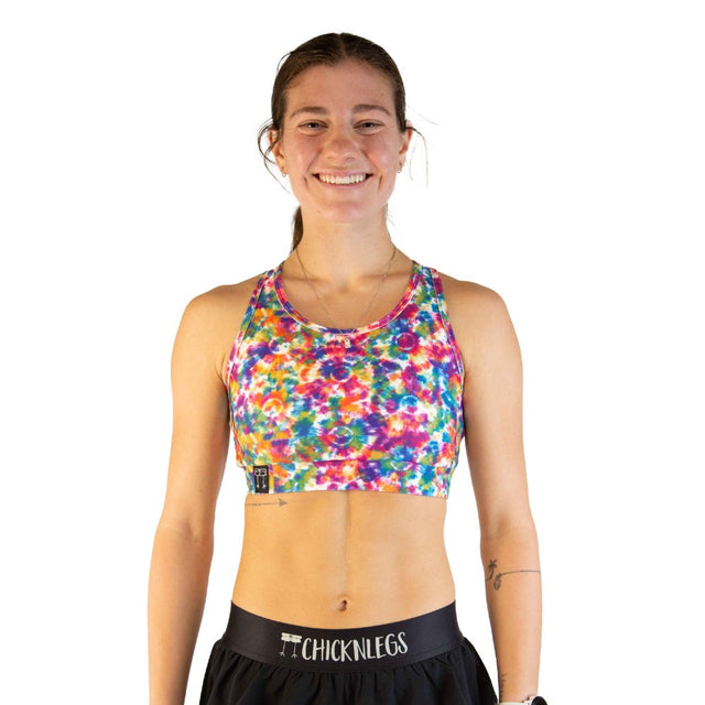 Front view of ChicknLegs OG sports bra in tie-dye colour