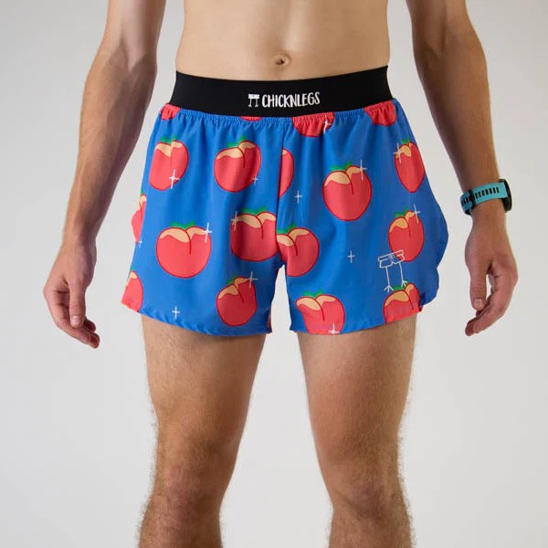 Front on-model view of men's peaches pattern Chicknlegs split shorts