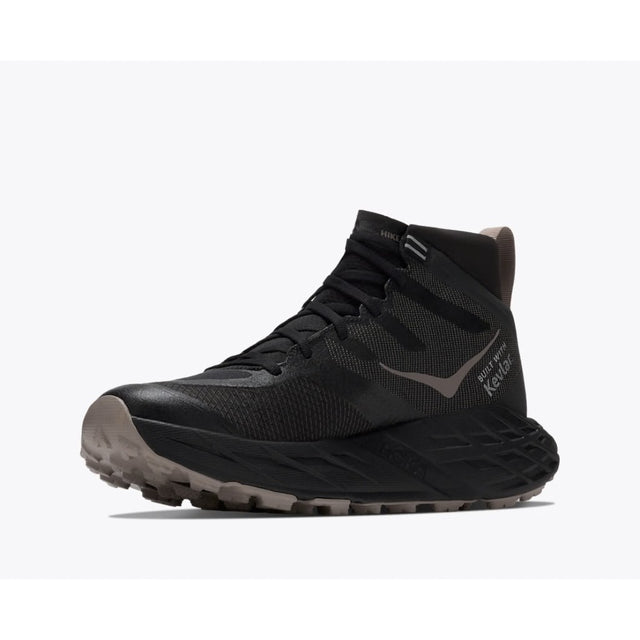 Side view of Hoka Speedgoat 7 Hike GTX men's boot in black pebble grey colour