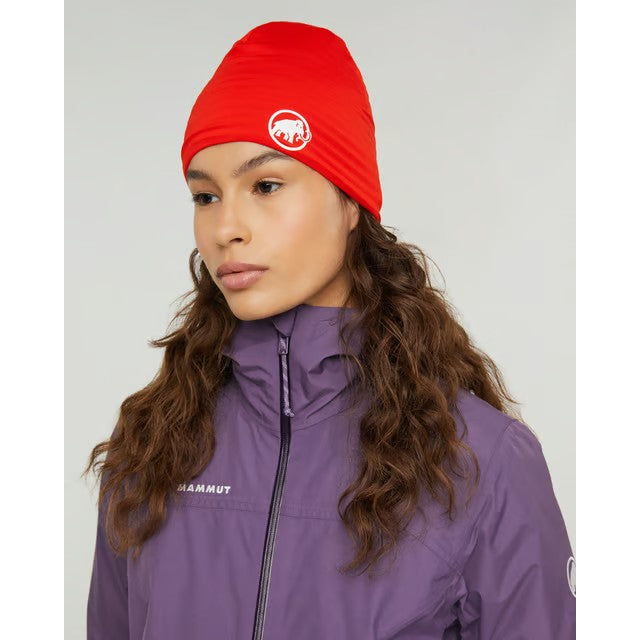 Front on-model view of Mammut Taiss beanie in Mammut red colour