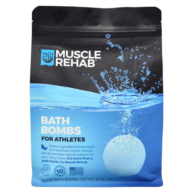 Front view of Muscle Rehab bath bombs package