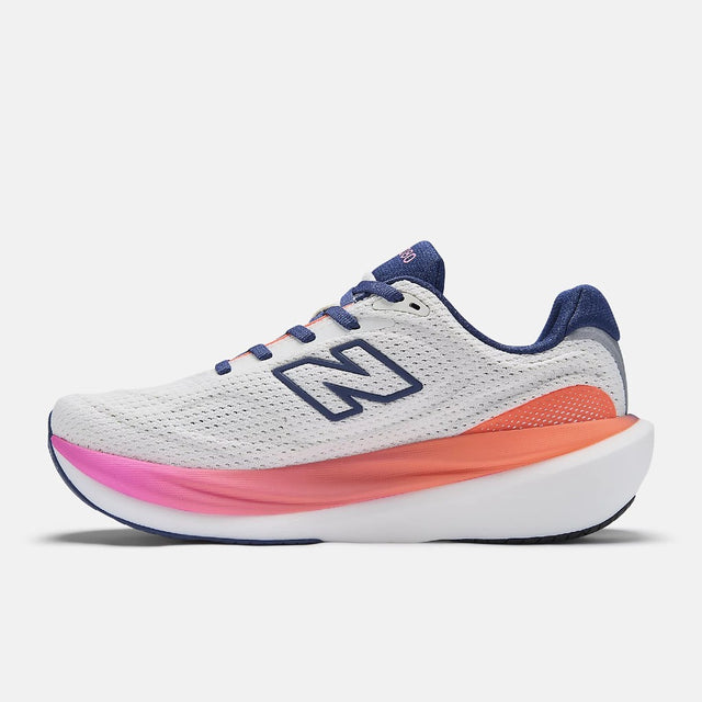 Inner side view of women's New Balance Fresh Foam X 1080 v15 running shoe in white/orange/pink colour