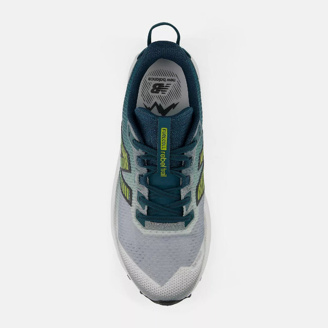 Top view of men's medusa green/grey New Balance FuelCell Rebel Trail running shoe