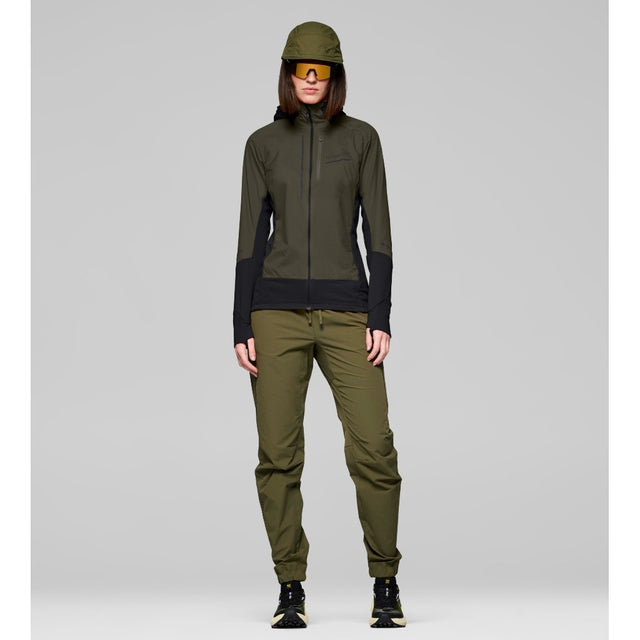 Front on-model view of Norrona Senja Warm1 Hood women's in olive night colour