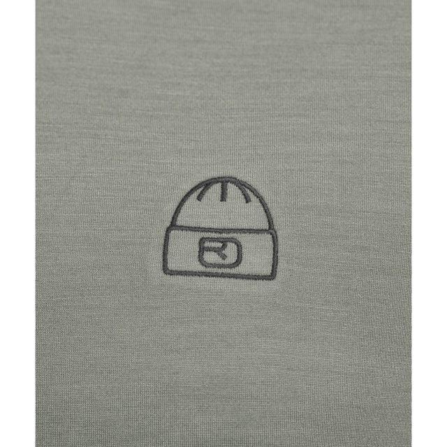 Logo view of Ortovox 150 cool beanie T-shirt men's in green sage colour