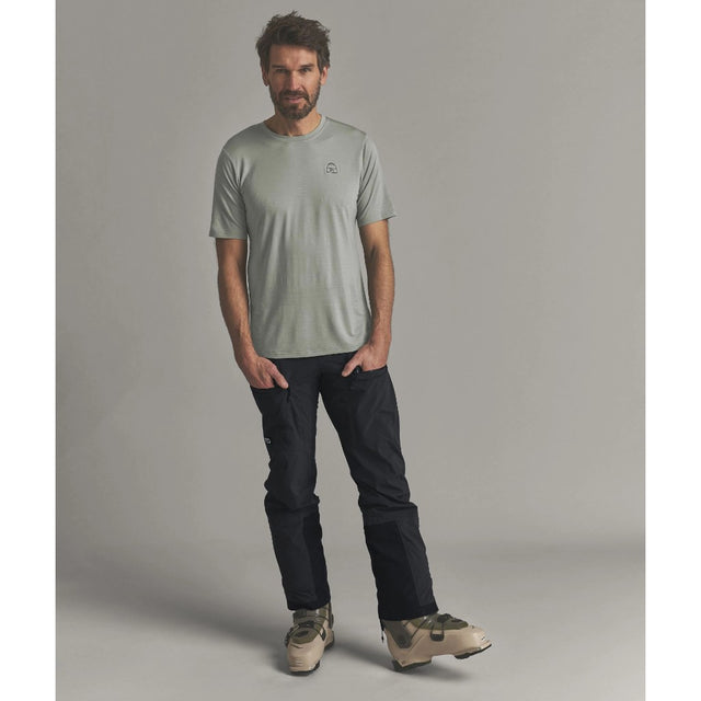 Front on-model view of Ortovox 150 cool beanie T-shirt men's in green sage colour