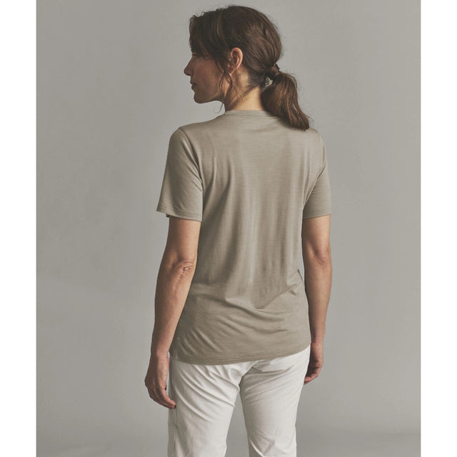 Back on-model view of Ortovox 150 cool beanie T-shirt women's in dark linen colour