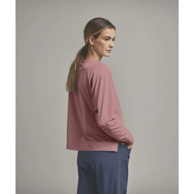 Back on-model view of Ortovox women's Affinity Crew Neck in Dusk Rose colour