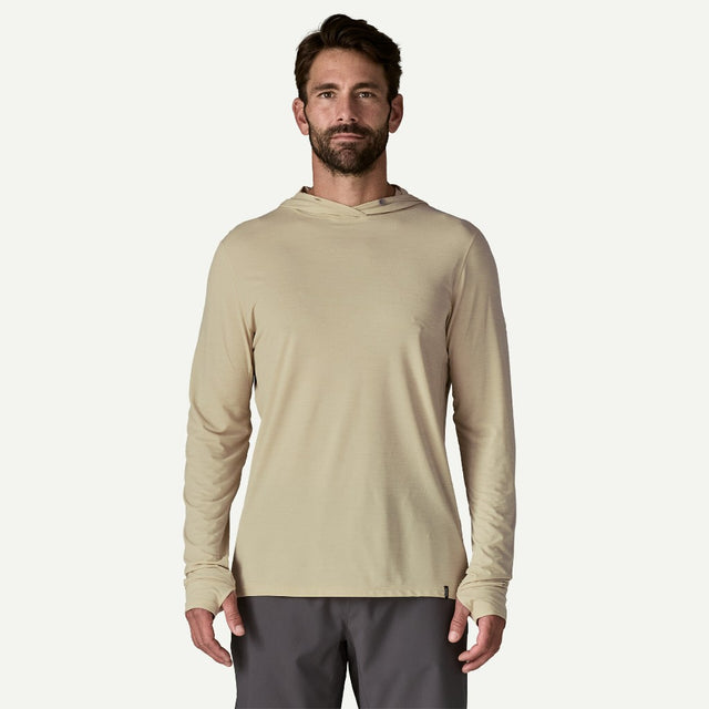 Front on-model view of Patagonia Capilene Cool Ultra Hoody men's in pumice dyno white x-dye colour