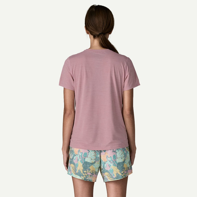 Back view of on-model Patagonia's women's Capilene cool ultra shirt in light violet