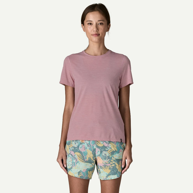 Front view of on-model Patagonia's women's Capilene cool ultra shirt in light violet