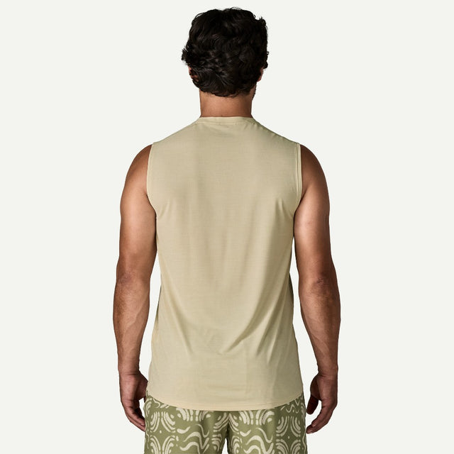Back on-model view of Patagonia Capilene Cool Ultra Tank men's in Pumice Dyno White x-dye colour