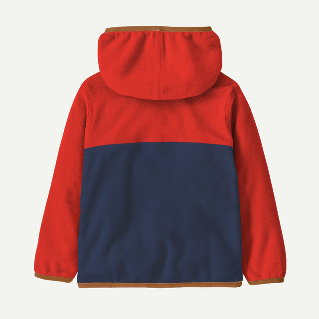 Back view of Patagonia kid's micro D snap-T jacket in new navy with madder red colour