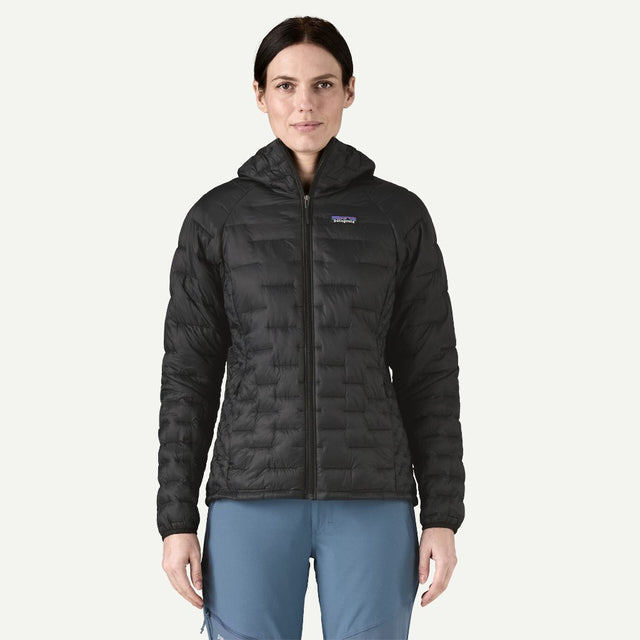 Front on-model view of Patagonia micro puff hoody, women's in black colour