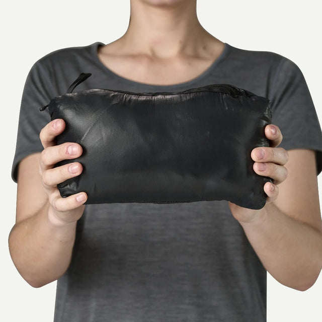 Stuffed view of Patagonia micro puff hoody, women's in black colour