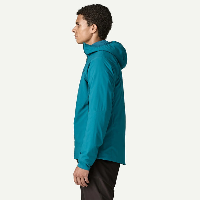 Side on-model view of Patagonia's Nano-Air light hoody men's in glacial blue colour