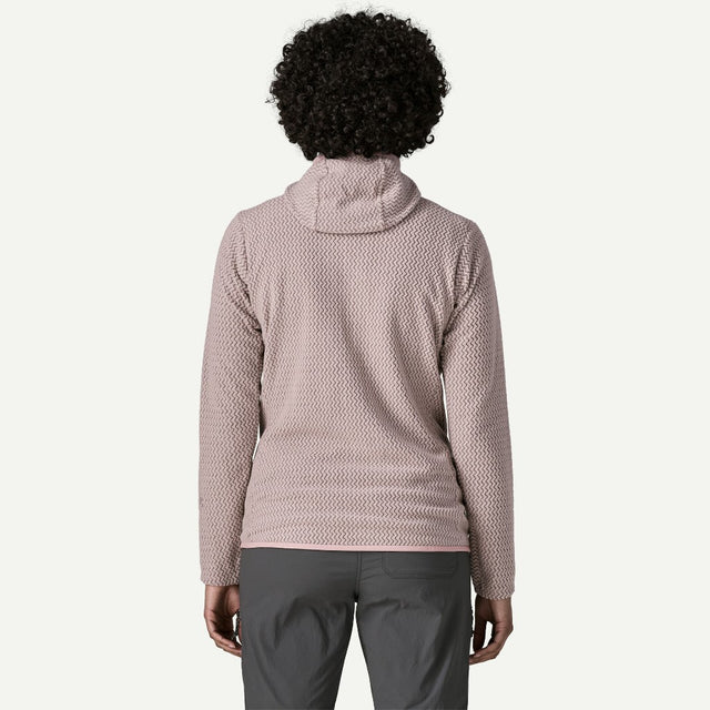 Back on-model view of Patagonia Women's R1® Air Fleece Full-Zip Hoody in Stingray Mauve colour
