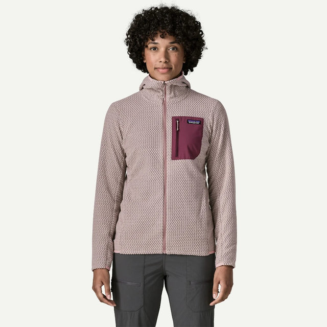 Front on-model view of Patagonia Women's R1® Air Fleece Full-Zip Hoody in Stingray Mauve colour