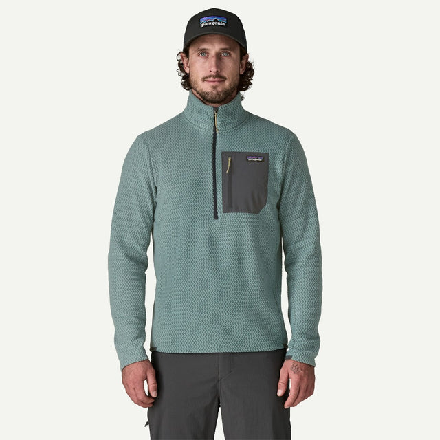 Front on-model view of Patagonia R1 Air Zip-Neck Men's in Blue Sage colour