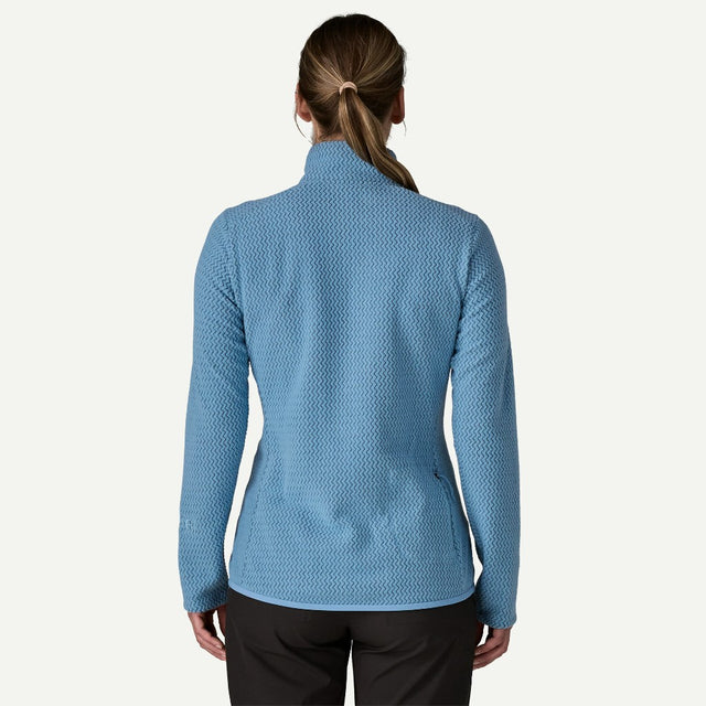 Back on-model view of Patagonia R1 Air Zip-Neck Women's in Shore Blue colour