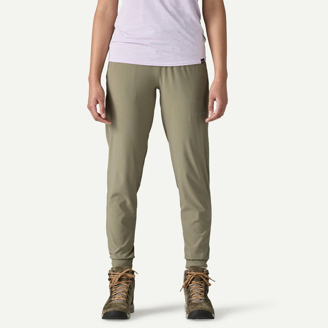 Front view on-model of Patagonia's women's terrebonne joggers in river rock green colour