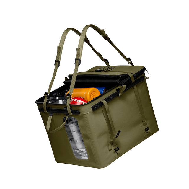 Green camping cooler bag with straps on a white background