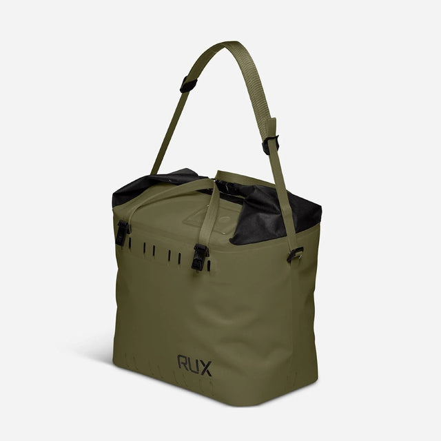 RUX Green soft cooler bag with shoulder carry strap up