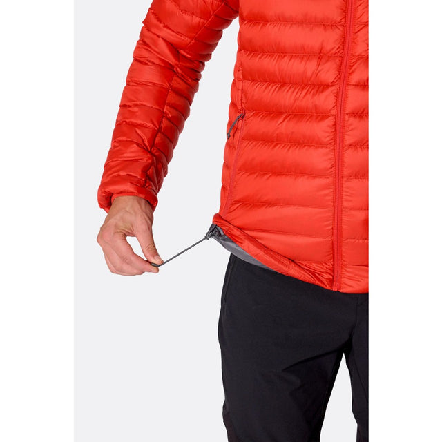 Hem detail on-model view of Rab Microlight Alpine Hoody men's in red colour