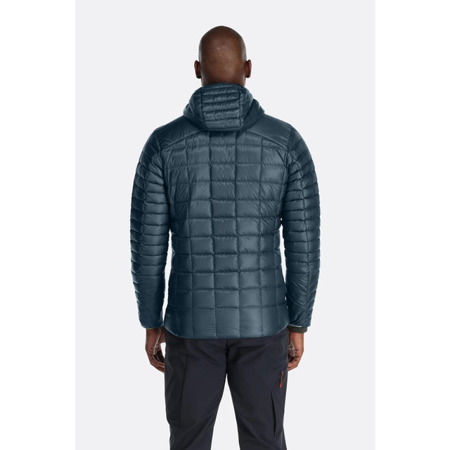 Back on-model view of Rab Mythic Alpine Jacket Men's in dark blue colour