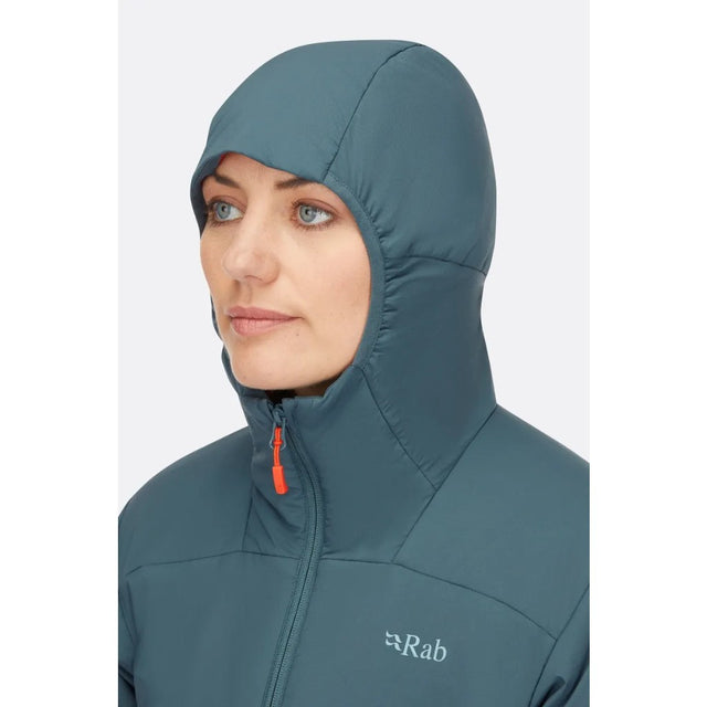 Hood detail view of Rab Xenair Alpine Light Jacket Women's in blue colour