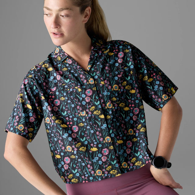 Front on-model view of Rabbit's high country relaxed SS women's shirt in shaded meadow colour