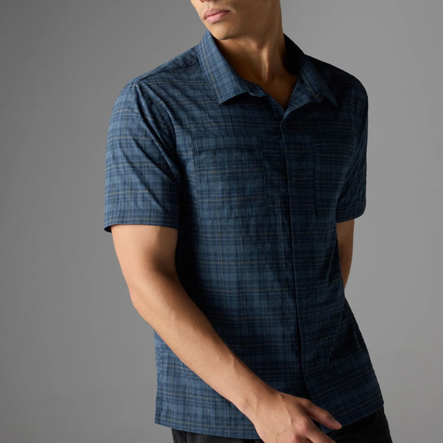 Front on-model view of rabbit High Country SS Men's shirt in dress blue plaid colour