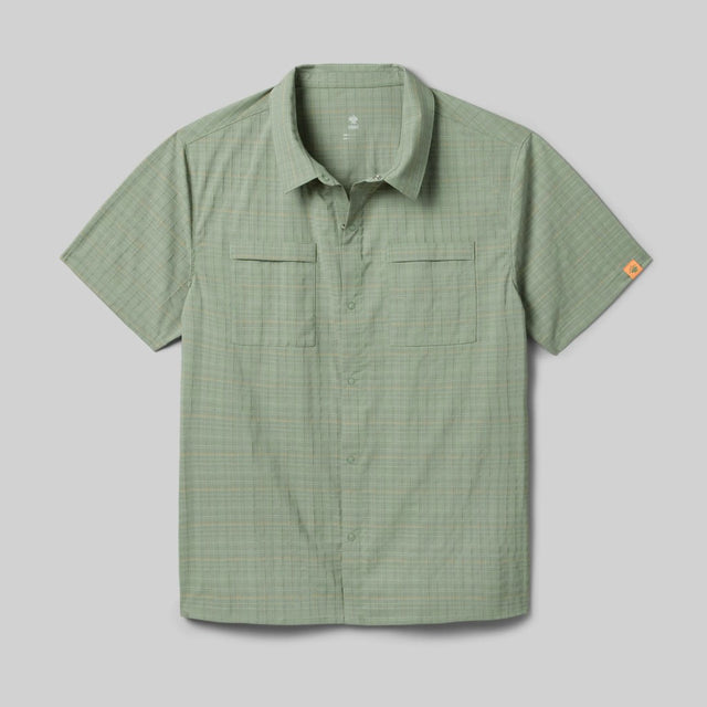 Front view of rabbit High Country SS Men's shirt in sea spray plaid colour