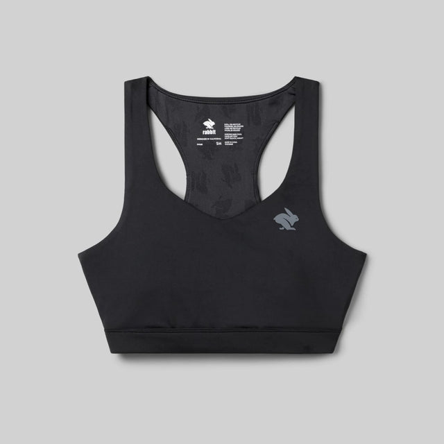 Front view of rabbit's strappy pocket bra in black colour