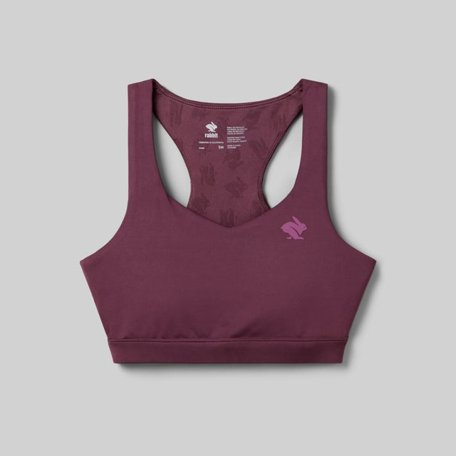 Front view of rabbit's strappy pocket bra in mauve colour