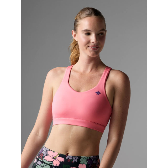 Front on-model view of rabbit's strappy pocket bra in strawberry pink colour