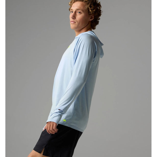 Side on-model view of rabbit UPF Deflector 2.0 Pullover Men's hoody in skyway colour