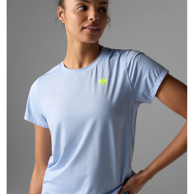 Front view on-model of rabbit UPF Tee SS women's in skyway colour