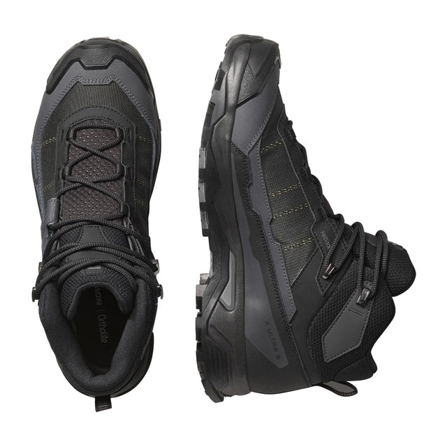 Top and side view of Salomon X Ultra 5 Mid GTX Men's hiking boots in Black / Asphalt / Castlerock colour