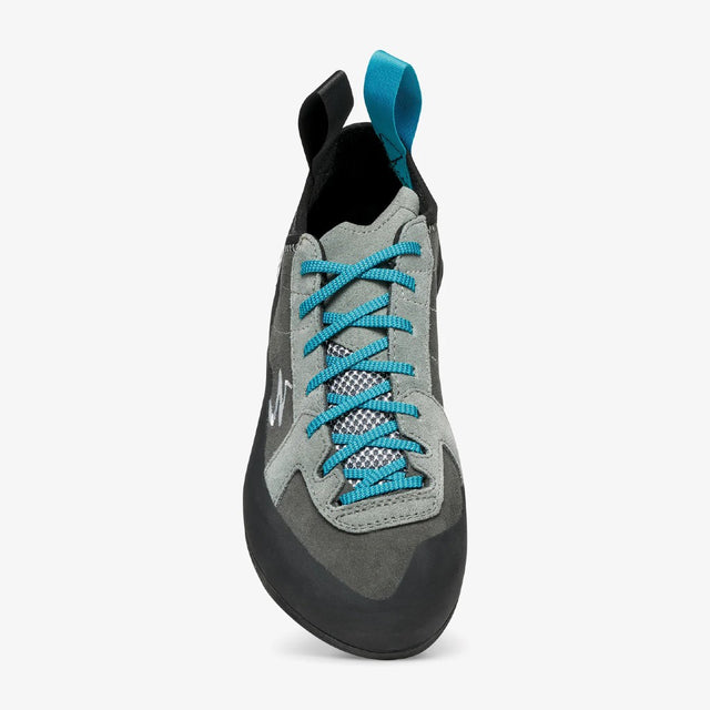 Lace view of Scarpa's Helix men's climbing shoe in shark mid grey colour