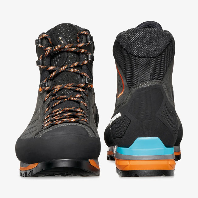 Heel and front lace view of Scarpa's Zodiac Tech GTX Men's boot in anthracite/tonic colour