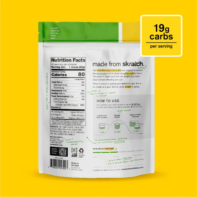 Back of skratch labs recovery sport drink mix 440g bag, lemon lime flavour