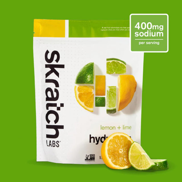 Front of skratch labs recovery sport drink mix 440g bag, lemon lime flavour