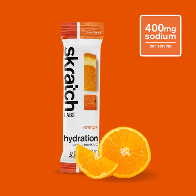 Single serving packet of orange skratch labs sport hydration drink mix
